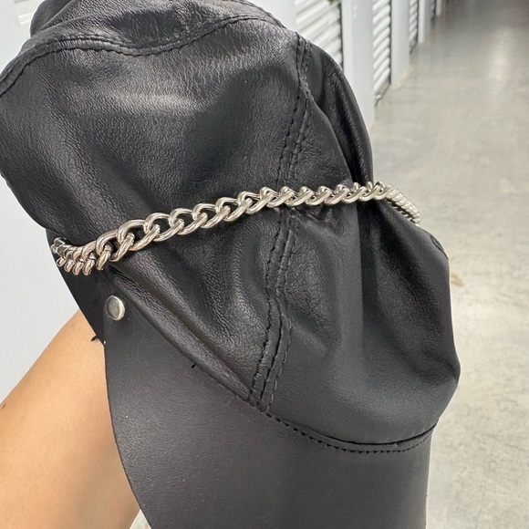 Vintage made in USA leather newsboy cap with silver chain strap